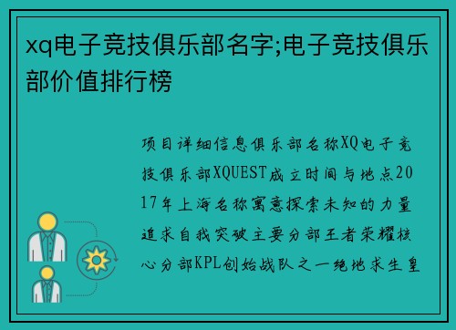 xq电子竞技俱乐部名字;电子竞技俱乐部价值排行榜